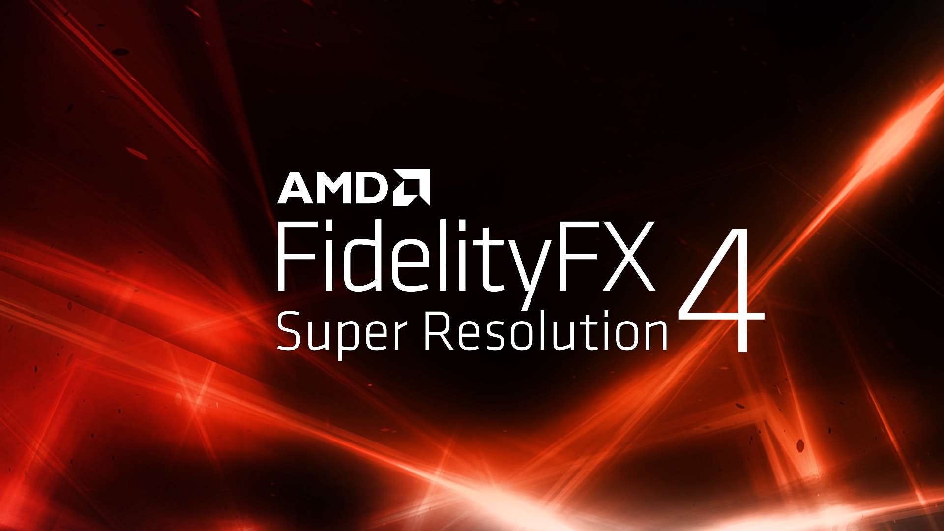 Логотип AMD FidelityFX Super Resolution 4 на красно-чёрном фоне