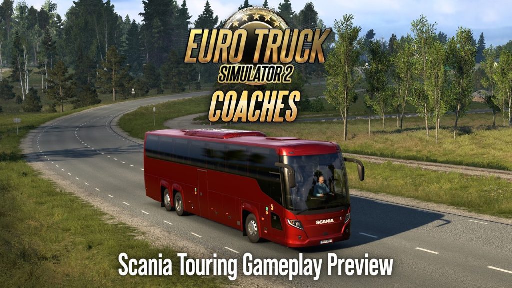 Зелёный автобус Scania Touring в геймплее дополнения Coaches для Euro Truck Simulator 2