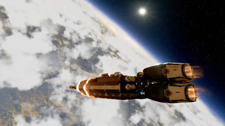 Корабль Starfield над планетой в демонстрации модификации Seamless Landings